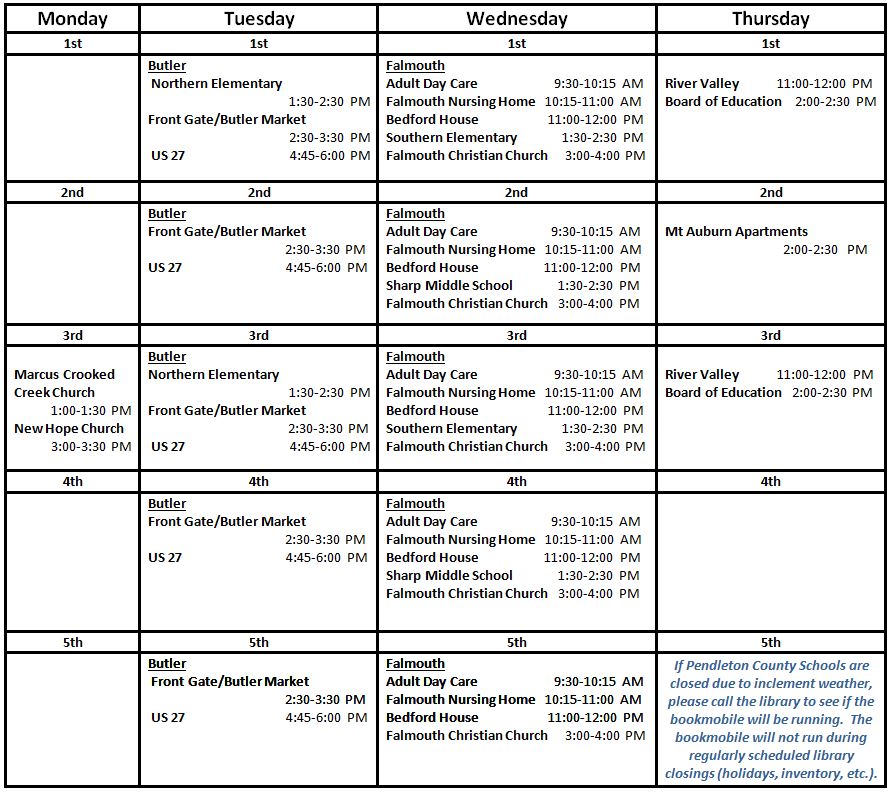 Bookmobile Schedule – Pendleton County Public Library