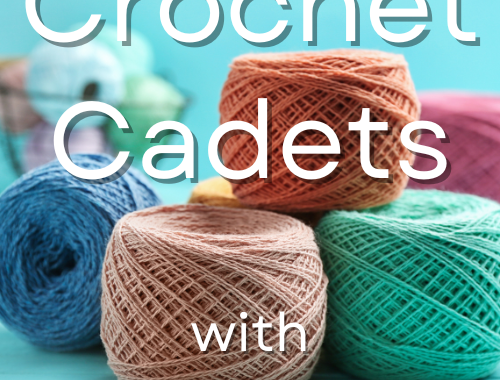 Crochet Cadets Logo featuring multi-colored chrochet yarn